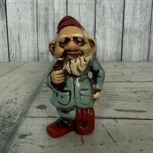 Vintage Gnome/Elf Ceramic Hand Painted Chalkware 4” Ornaments Figurine With Pipe